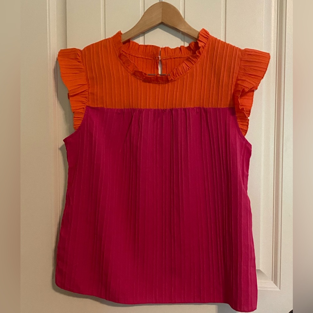 Orange and Pink Sleeveless Blouse with Mandarin Collar